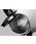 Inside view of Heavy Duty 304 Stainless Steel Electric Kettle 1.7 Liter 1830 Watt with a sleek black lid and smooth interior.