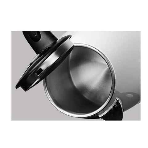Inside view of Heavy Duty 304 Stainless Steel Electric Kettle 1.7 Liter 1830 Watt with a sleek black lid and smooth interior.