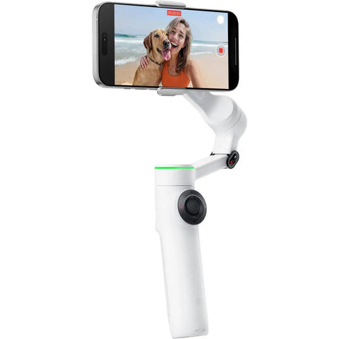 Flow 2 Pro Smartphone Gimbal With 3 Axis Stabilization And AI Tracking displaying selfie mode with phone attached.