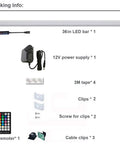 Under Cabinet LED Light Bar Dimmable RGB with RF remote control, 36-inch with 12V power supply, accessories, packaging overview.