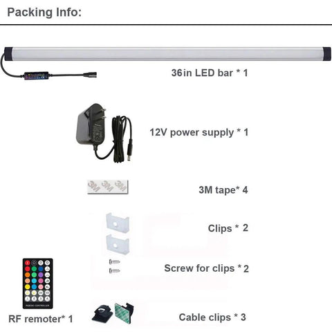 Under Cabinet LED Light Bar Dimmable RGB with RF remote control, 36-inch with 12V power supply, accessories, packaging overview.