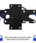 Black Vinyl Fence Gate Hardware Kit With Self Closing Parts And Heavy Duty Hinges Paired With A Lockable Latch, showing pad-lockable latch for security.