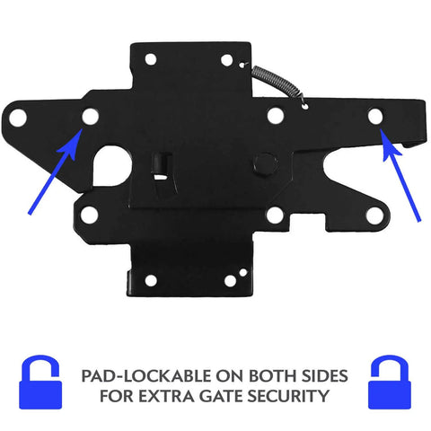 Black Vinyl Fence Gate Hardware Kit With Self Closing Parts And Heavy Duty Hinges Paired With A Lockable Latch, showing pad-lockable latch for security.