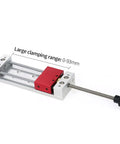LONGFDX Wood Carving Vise For CNC Engraving Machine with polished rods and red clamp, showing 0-93mm clamping range.