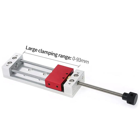 LONGFDX Wood Carving Vise For CNC Engraving Machine with polished rods and red clamp, showing 0-93mm clamping range.