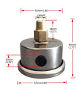 Front view of universal inline fuel regulator with liquid-filled 0–100 psi oil gauge and 1/8 NPT brass fitting, metal body