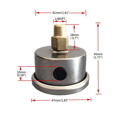 Front view of universal inline fuel regulator with liquid-filled 0–100 psi oil gauge and 1/8 NPT brass fitting, metal body