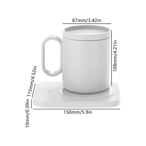 Keep Your Daily Java Piping Hot On Autopilot With This Electric Coffee Mug Warmer Featuring 3 Custom Heat Levels And A Roomy 43oz Ceramic Cup For Desk dimensions showing white 43oz ceramic cup on warmer.