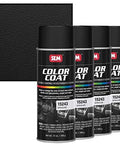 Front view of four SEM Color Coat satin black spray paint cans, 12 oz each, with a black textured swatch in background.