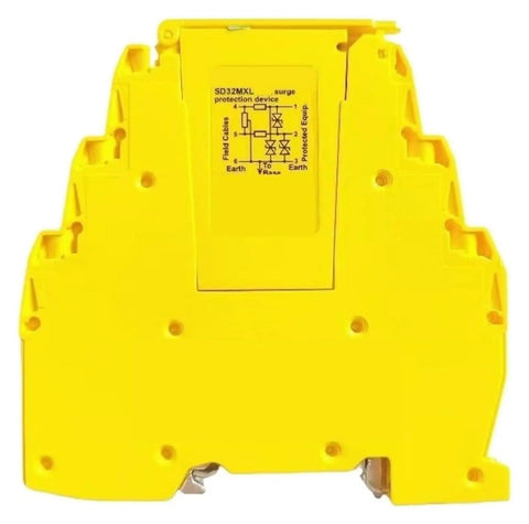 Front view of Signal Control Line Protection Module SD32MXL Industrial Surge Protector for uninterrupted operations, yellow design