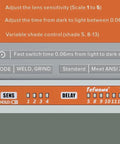 Control panel of Gold Coated Auto Darkening Welding Lens 2x4 Quarter Inch, 2 Amp TIG Rating, Variable Shade With Multiple Settings