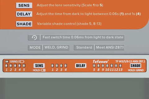 Control panel of Gold Coated Auto Darkening Welding Lens 2x4 Quarter Inch, 2 Amp TIG Rating, Variable Shade With Multiple Settings