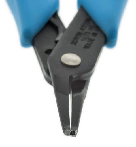 Close-up of Bent Nose Pliers 450BN For Jewelry Making And Stringing Thin Precision Grip for tight spots, blue ergonomic handle.