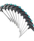 Tough T Handle Hex Socket Wrench Set 11 Piece with magnetic head and rubberized non-slip grip, shown from an angle.