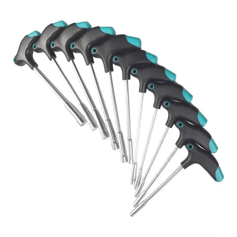 Tough T Handle Hex Socket Wrench Set 11 Piece with magnetic head and rubberized non-slip grip, shown from an angle.