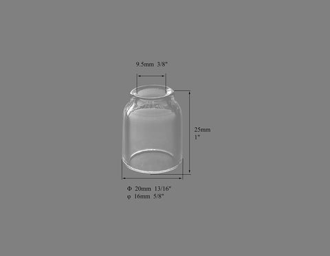 Clear Quartz TIG Glass Cup Nozzle Set For SR WP Welding Torch Gauges Four Through Eight, side view dimensions 9.5mm x 25mm