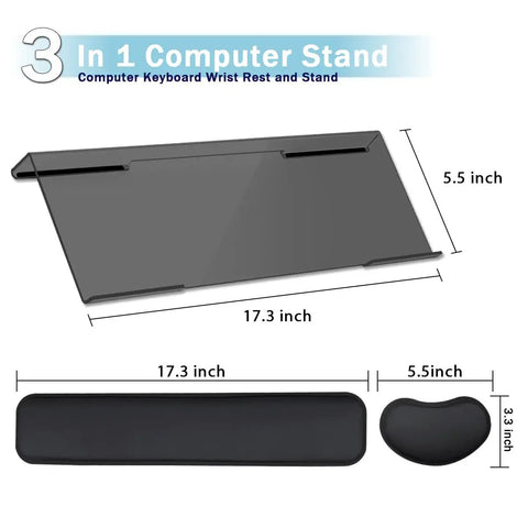 Diagram showing dimensions of Ergonomic Keyboard Stand With Wrist Rest Pad For All Day Comfort Typing, black non-slip material