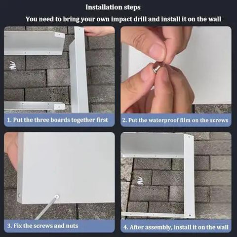 Installation steps for Tough As Nails Metal Awning For Ev Chargers And Security Cameras All Weather Roof Cover, showing assembly process.