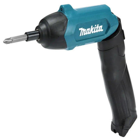 Ultra Light Three Point Six Volt Cordless Hex Screwdriver Kit With Folding Pistol Grip One Quarter Inch Bit Set USB Charge Eighty One Piece Accessory Kit Teal Carry Case in pistol grip position