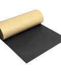 Premium Closed Cell Neoprene Foam Sheet With Adhesive Backing 12 X 59 X One Quarter Inch rolled out showing adhesive backing for sound dampening.