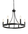 Six Light Wagon Wheel Chandelier in Black Industrial Farmhouse Style with wrought iron frame and flexible chain