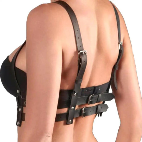 Adjustable Black Leather Chest Harness And Waist Chain Belt For Rave Festivals Nightclub Wear Sexy Belly Bra Streetwear Accessory For Women Serving That Baddie Energy from the back view showcasing adjustable straps.