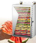 Top Tier Commercial Electric Food Dehydrator With Ridiculously Even 360 Airflow Circulation For Quick Drying Of Fruit Veggies Meat And Seafood Making Jerky Chips Naturally At Home displaying sliced fruits.