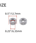 Five Pack Ball Bearing Shank Router Bit Accessory Kit For Quarter Inch Shank Bits Tough Carbide Steel For Long Life Inner Diameter Six Point Three Five Millimeter Outer Diameter Six Point Three Five Millimeter Bottom Mounted Bearings To Handle Fast showing two bearings with size measurements labeled.