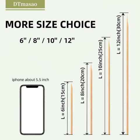 Comparison of bamboo skewer sizes, including six inch, with 5.5 inch phone for scale; Six Inch Bamboo Skewers Pack Of 200 For BBQ Grilling