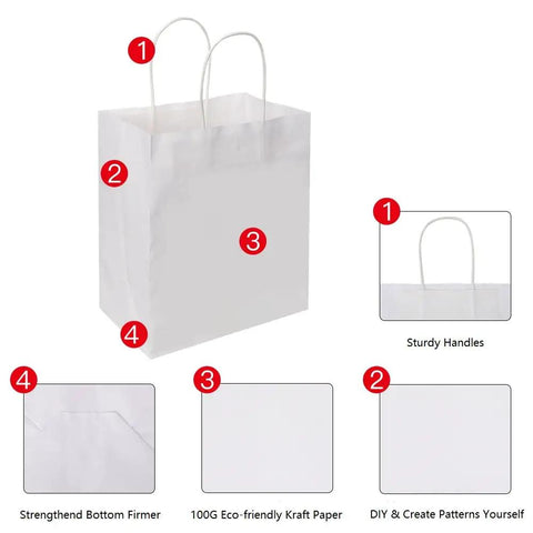 Medium White Kraft Paper Bags With Handles 8x4.75x10 Inches Bulk Pack Of 100 features and closeups on sturdy handles and eco-friendly paper.
