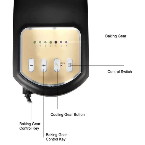 Control panel of the fully automated electric coffee bean roaster with buttons and indicators for operation.
