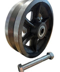 6-inch cast iron V-groove wheel for sliding gates, 2-in width, with mounting bolt.