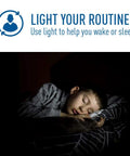 Child sleeping in dark room, illustrating effect of Smart LED Vintage Glass Filament G25 Bulb 40W Equivalent Tunable White on sleep.