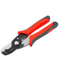 Straight Up Eight Inch Heavy Duty Electric Wire Stripper and Cable Crimper Tool with Solid Manganese Steel Jaws in red and black design.