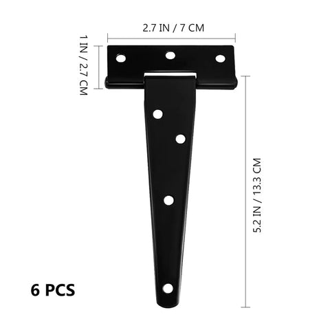 Six Pack T-Hinge 5 Inch Anti Rust Iron Shed Door Hinge Set with Silent Hydraulic Buffer, black hinge with dimensions shown