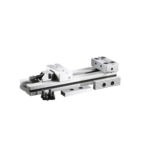 Heavy Duty CNC Milling Vise Featuring Bulletproof Clamping Grip And Cross Grain Bed For Locking Workpieces On Bench Tools Or Garage Builds Without Hassle, showcasing smooth aluminum body and accessories.