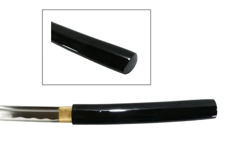 Detail of the black scabbard for a Hand Forged Shirasaya Style Samurai Katana Sword With Razor Sharp Blade Full Tang Black Scabbard 39 Inch