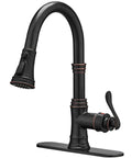 Oil Rubbed Bronze Kitchen Faucet With High Arc Gooseneck Pull Down Sprayer 3 Function Spray Head Single Handle Heavy Duty Commercial RV Kitchen Sink Faucet Solid Brass Construction Drip Free Ceramic Valve Deck Plate Included, side view