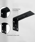 Built Tough Cold Rolled Steel Triangular Shelf Bracket For Floating Shelves And Wall Cabinets, Heavy Duty Black Finish, close-up view
