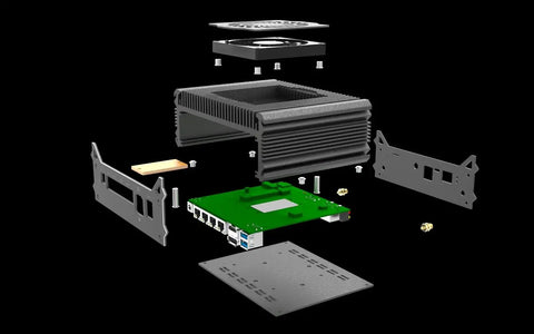 Straight Up Kickin Barebone Mini Pc Board Dropped With An Intel Core I7 8265U Mobile Chipset exploded view with components.