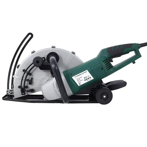 14 Inch Electric Concrete Saw Heavy Duty Beast Powers Through Wet Cut Work With Direct Water Line Hook Up angled profile view with blade.