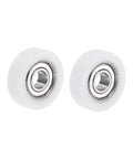 Two Pack 10x35x11mm Roller Idler Bearing Pulley For Conveyor Systems White PU Wheel on white background