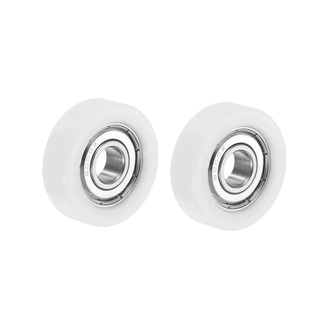 Two Pack 10x35x11mm Roller Idler Bearing Pulley For Conveyor Systems White PU Wheel on white background