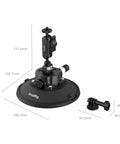 6 Inch Suction Cup Mount With Ball Head Magic Arm for action cameras, shown with dimensions and detachable adapter on side