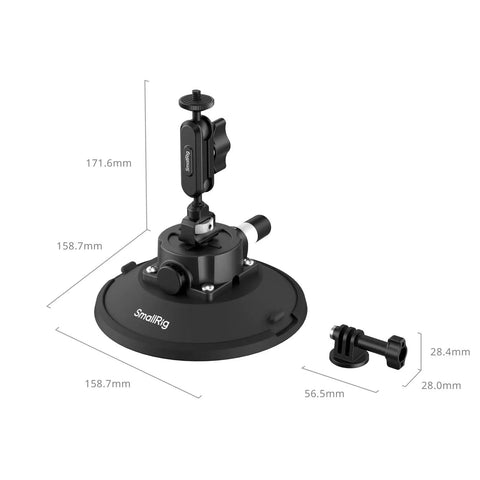 6 Inch Suction Cup Mount With Ball Head Magic Arm for action cameras, shown with dimensions and detachable adapter on side