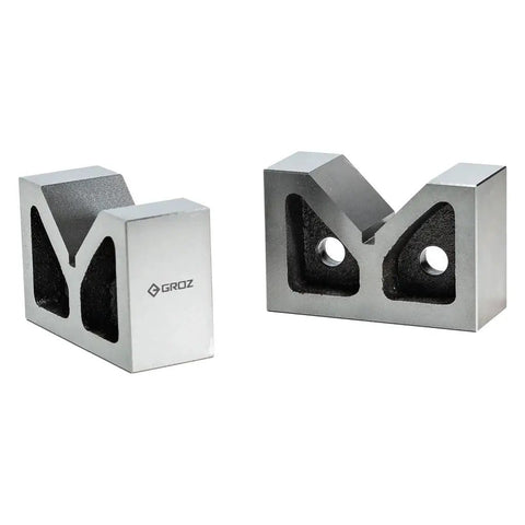 Heavy Duty Cast Iron V Block With 3-Inch Base, Precision Ground And Machined For Holding Large Workpieces At 90 Degrees During Drilling, Milling, And Grinding, 2 Pack, shown angled