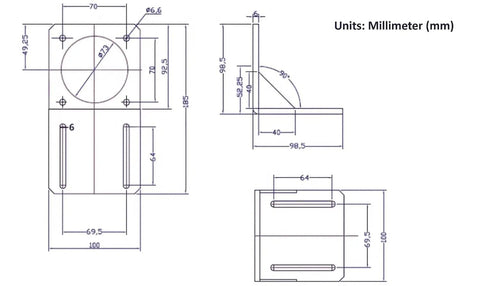 Technical diagram of Four Piece Nema 23 Stepper Motor Mounting Bracket Set With Screws 57mm L Type for CNC Machines.