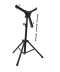 Slick Black Tripod Drum Stand With Heavy Duty Snare Rack And Practice Pad Holder Featuring Adjustable Heights Hella Portable For Bedroom Jamming Solid Build Quality, showing adjustable height and compact design.