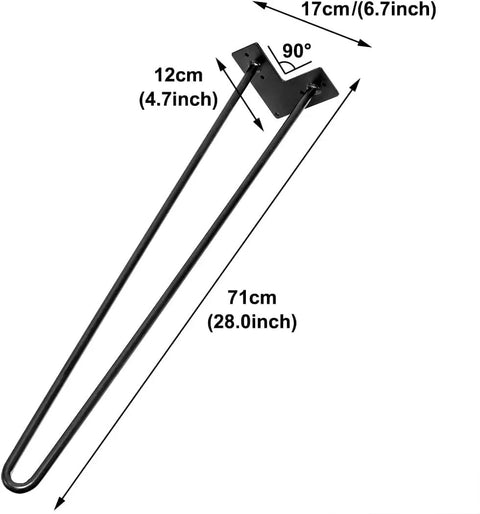 28 Inch Metal Hairpin Table Legs Set Of 4 For DIY Coffee Tables Desks Nightstands Built To Last Heavy Duty Iron Industrial Black Powder Coated Finish With Protective Feet And Mid Century Modern Style, showing measurements in centimeters and inches.