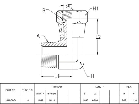 BEITERSTOE hydraulic hose elbow fitting, 1/4 inch male NPTF and 1/4 inch female NPSM, 90° swivel, carbon steel.